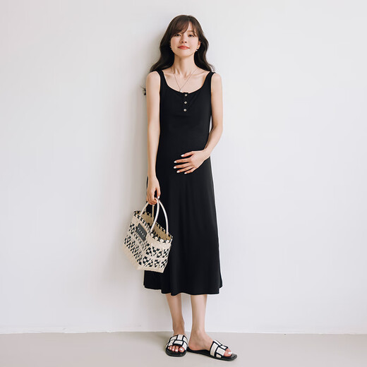 Miduli maternity dress for summer thin French suspender skirt for outer wear vest long skirt for maternity dress active black L

