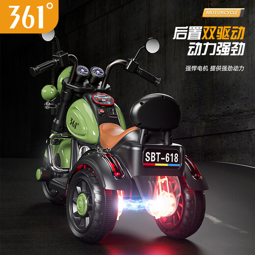 
361 degree children's electric motorcycle can be seated for people, baby gifts, men and women, driving can be remotely controlled toys with early education music Retro green丨Remote control version-strong dual drive/music
