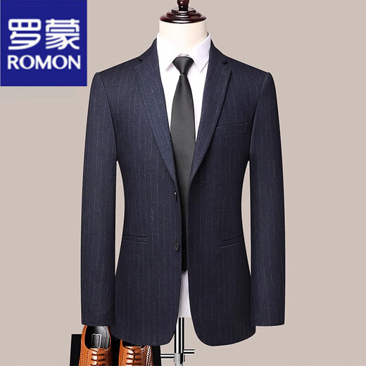 罗蒙（ROMON）条纹西装男士套装正装职业结婚新郎礼服修身商务休闲伴郎西服外套 黑灰8983 【单件上衣】 170【建议95-115斤】 M