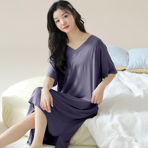 美筠带胸垫睡裙夏季莫代尔睡衣女夏天薄款简约短袖孕妇家居服夏 A11762【带胸垫】 2XL
