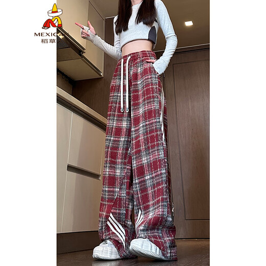 稻草人美式复古格子裤男女2025春季新款大码显瘦宽松阔腿条纹休闲运动裤 藏青格 K826 L