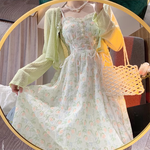 凡小如碎花吊带连衣裙女高级感套装两件套春夏法式中长款温柔风气质女装 开衫+吊带裙两件套 L 【建议105-115斤】
