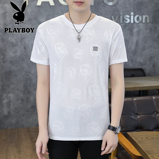 Playboy (PLAYBOY) ice silk short-sleeved T-shirt men's summer high-end hot diamond cool jacquard T-shirt trendy versatile half-sleeved top 753 black XL recommended to wear 130-150Jin [Jin equals 0.5 kg]