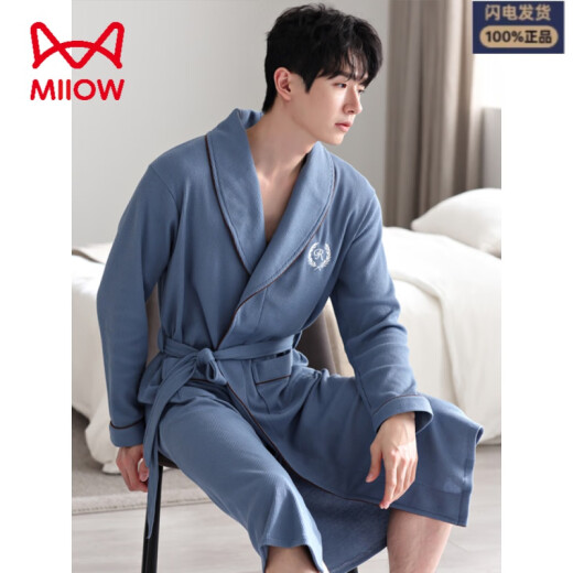 Catman MIIOW waffle bathrobe men's spring and autumn pure cotton medium-length men's nightgown 2025 new absorbent integrated bathrobe LJ96827 M [weight 100-120Jin [Jin equals 0.5 kg]]