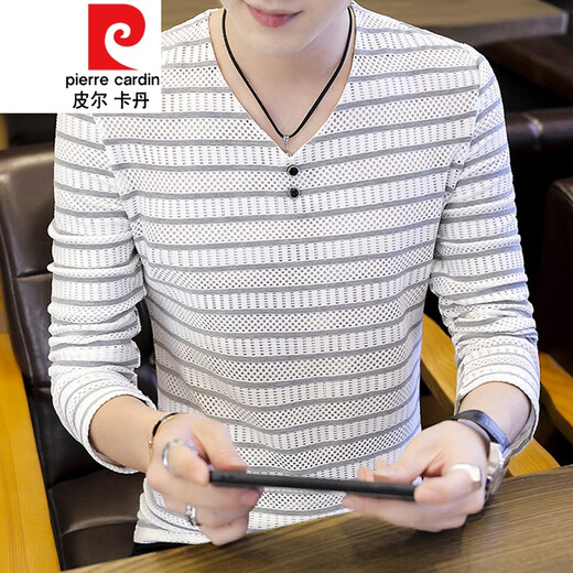 皮尔卡丹（pierre cardin）男士V领长袖T恤2025春秋新款撞色条纹针织潮流休闲 6188黑色 M
