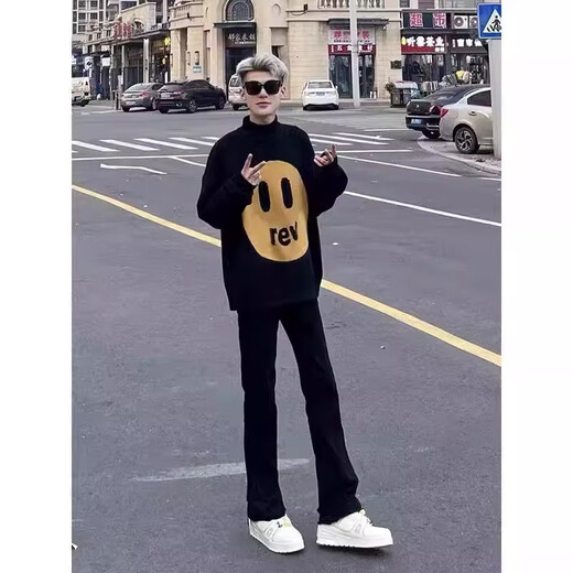 POUM scimitar slim jeans men's summer retro dark blue straight tall American pants make them look slim and narrow legs DF-701 black M