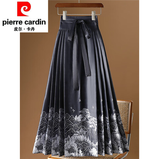 皮尔卡丹（pierre cardin）新中式国风马面裙女春春秋2025一片式长裙汉服遮胯百褶半身裙针织 9893黑色 均码