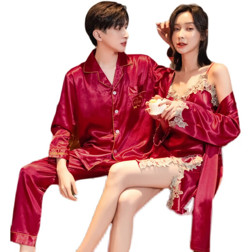 Modal 2 set price imitation silk couple nightgown for men and women spring and autumn suit shorts women's suspender skirt two-piece ice silk embroidered bathrobe 0521 black men's suit women's lace nightgown XL male + female M
