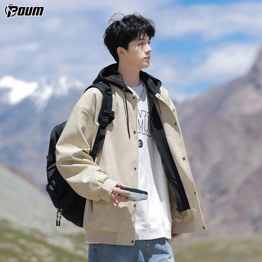 POUM trendy brand hooded leather jacket men's autumn and winter high-end handsome casual jacket 2885 apricot L