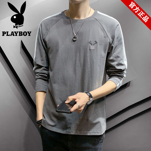 Playboy (Playboy) Marke Pure Cotton Cotton Long-Ärmeln T-Shirt Herren Frühling und Sommer Lose Sticked Base Shirt Top Herrenmarke Runde Hals-Sweatshirt DS692 Apricot Color XL (ca. 125-140 Jin [Jin gleich 0,5 kg] kann getragen werden)