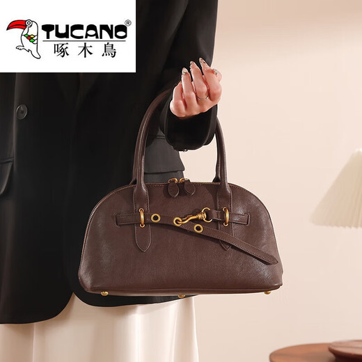 Woodpecker (Tucano) echtes Leder-Frauenbeutel-Tasche tragbarer Pendler Bowling-Tasche One-Shoulder Crossbody-Tasche, um Ihrer Frau und Ihrer Freundin Geburtstagsgeschenk brauner Schal + Geschenke zu geben