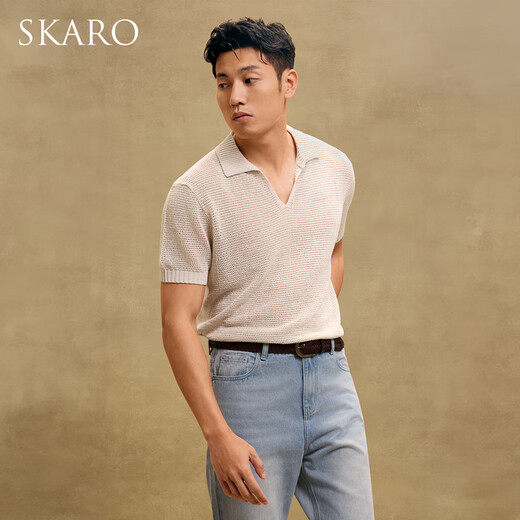 SKARO [Holved Knitted] Seagull Neck POLO Shirt Men's 2025 Summer Casual Breathable V Neck Short Sleeve T-Shirt Apricot SKP841 2XL (=Shirt Size 43)