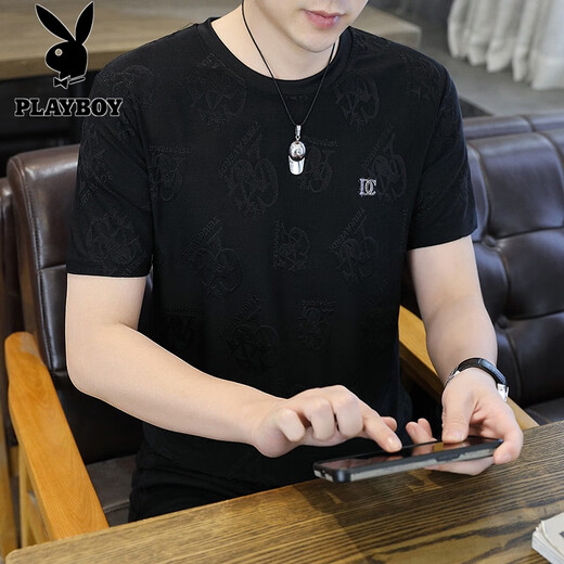Playboy (PLAYBOY) ice silk short-sleeved T-shirt men's summer high-end hot diamond cool jacquard T-shirt trendy versatile half-sleeved top 753 black XL recommended to wear 130-150Jin [Jin equals 0.5 kg]