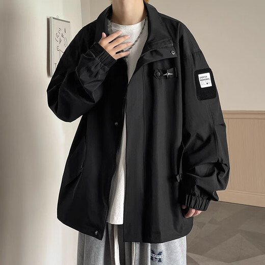 Yiran Presents Jacket Men's Spring and Autumn American Work Wear, Handsome Youth Casual Loose Lapel Loose Personality Versatile Men's Jacket Black XL Recommended 115-140 Jin Jin equals 0.5 kg
