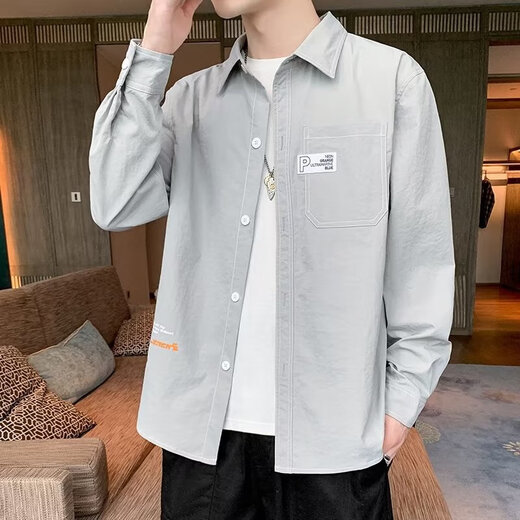 凡摩乔2025春夏男士长袖格子修身休闲衬衫潮男正装 蓝色 9922蓝 S 高质量(70-85斤左右)