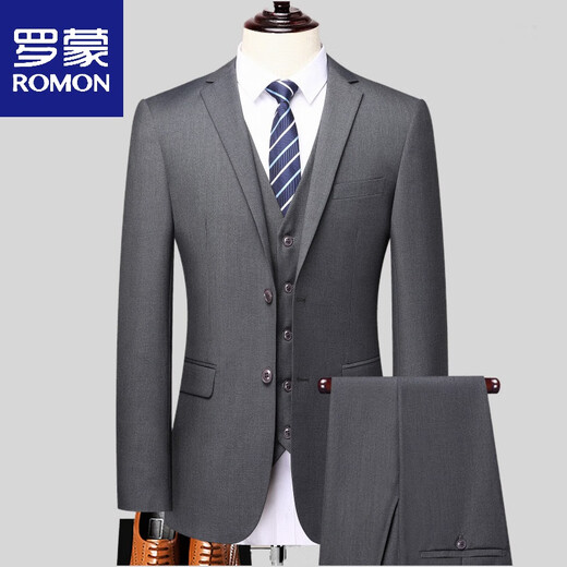 ROMON suit suit men's three-piece Korean style fashion professional wedding groomsmen suit work group suit formal suit two-button black jacket + shirt + trousers 2XL 130-145Jin Jin equals 0.5 kg