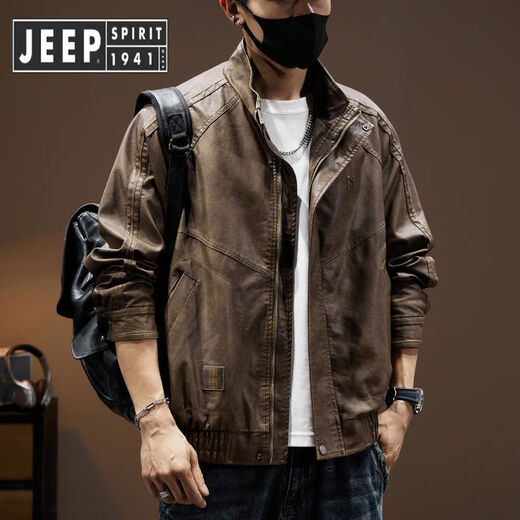 JEEP SPIRIT Jeep Leather Jacket Men's Maillard Retro Motorcycle Style Leather Jacket Men's 2025 Spring and Autumn New Pilot Jacket Brown Style Regular 2XL Suitable for Weight 160-180Jin Jin is equal to 0.5 kg
