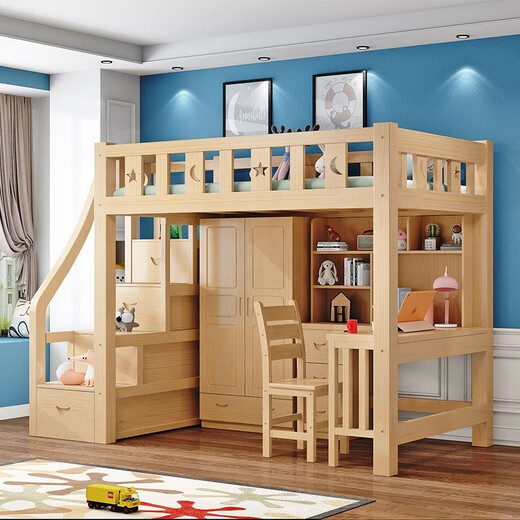 Cama Kuangyi Bed and Desk Combinada Moderna Moderna Camino de escalera Simple Simple Simple Simple Up and Down con escritorio Camino elevado Camera de madera sólida Gabinete de escalera Uniciar Madre Pintor de madera [La escalera está a la derecha] 1350*2000 mm
