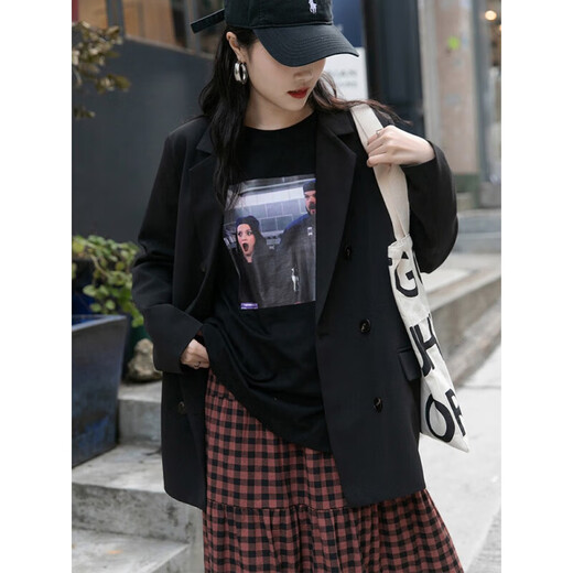 Harudi Casual Small Suit Jacket Women's Autumn and Winter New Design Small Suit Workplace Commuting Wear Small Women's Clothes Black L 105-120Jin Jin is equal to 0.5 kg