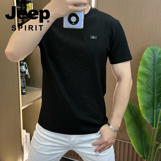 
JEEP SPIRIT designer summer ice silk texture embroidered round neck men's short sleeve fashionable half sleeve versatile light luxury comfortable style 1105 black 3XL 150-165Jin [Jin equals 0.5 kg]