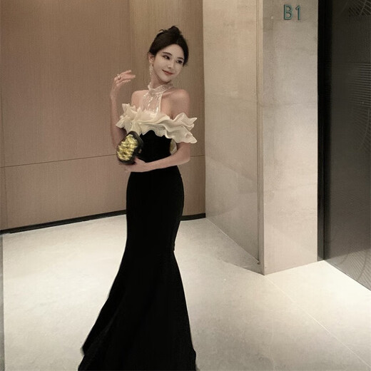 YIOU halter neckline slim fit Hepburn style dress women's floor-length bust pad banquet host dress 2379 black M