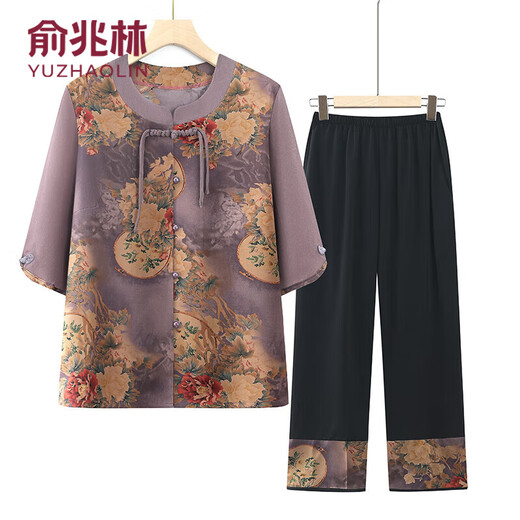 俞兆林妈妈夏装套装中老年女上衣老年人春秋两件套t恤洋气奶奶衣服60岁 T6627绿色[套装] XL 建议80-100斤