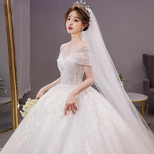 Wutuo One-Shoulder Hochzeitskleid Französische Braut 2025 Neues Hauptgarn kleine Abdeckungen Arme und Schwänze große Textur für Frauen, Qidi-White-Stil, geben Sie: Schleierhandschuhe Rock S (90-98jin [Jin gleich 0,5 kg])