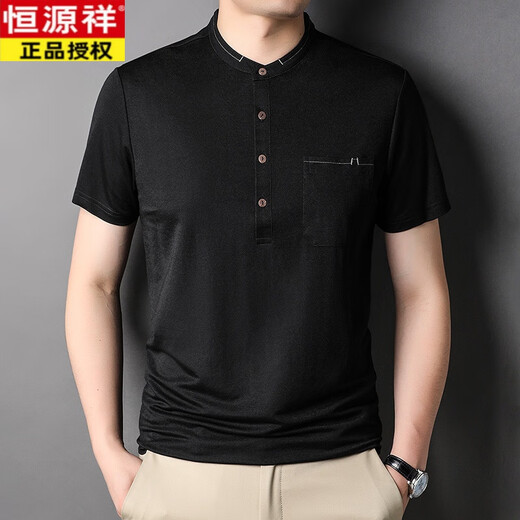 恒源祥夏季冰丝立领短袖t恤男带扣有口袋上衣中年爸爸装仿亚麻半袖男装 黑色-6231 M 165