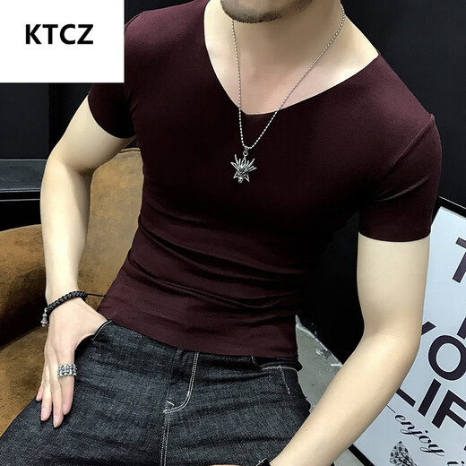 
KTCZ summer thin men's markless short-sleeved T-shirt V-neck slim casual fitness sports black tight-fitting clothes men's trend 1504 white round neck long-sleeved M 165