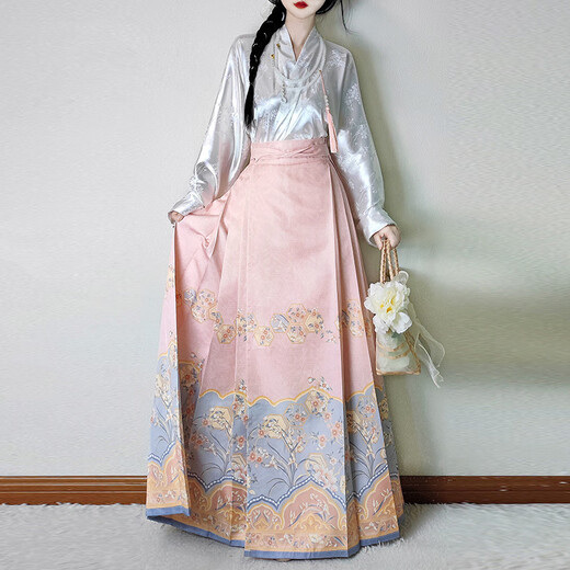 
Fei Liyue [3894 people collect] Han Qingci original flower-wrapped new Chinese style horse-face skirt cross-neck airplane sleeve daily Ming-made Chinese single pink horse-face skirt XL