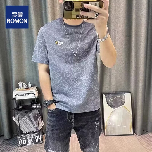 罗蒙（ROMON）t恤男士短袖男夏季短袖T恤新款潮流满印休闲上衣服体恤打底衫男装 829短袖灰色 XL