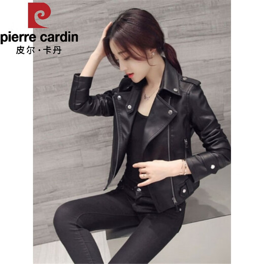 皮尔卡丹（pierre cardin）机车黑色小皮衣外套短款欧货百搭2025秋季新款春秋显瘦休闲夹克女 黑色1 S 建议95以内