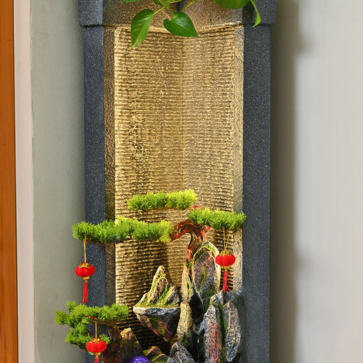Hougu Decoration Home Rockery, Fish Pond, Waterfall and Flowing Water Ornaments Floor-to-ceiling Living Room Office Feng Shui Lucky Circular Water Curtain Wall Opening Gift Fresh and Elegant Green Plants
