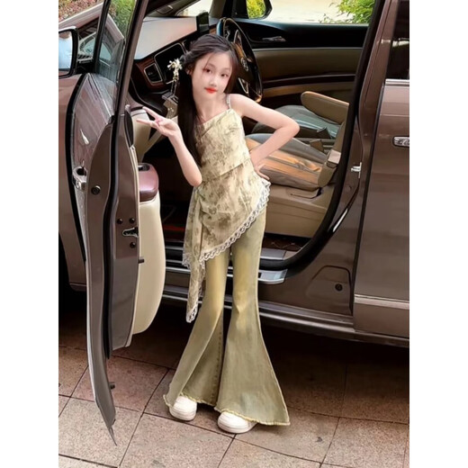 Juego de faldas de honda para niñas de Gesufan Summer 2025 Nuevo pantalón de mezclilla de mezclilla para niños de moda de moda de moda Los pantalones de fondo de mezclilla de dos piezas de dos piezas, pantalones de fondo retro 140, altura recomendada de aproximadamente 1.35 metros