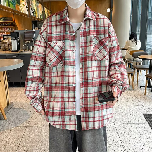 Amerikanisches langärmeliges Hemd für Jungen Frühling und Sommer Lose Revers Plaid-Hemd Retro Trendy Casual Vielseitige Jacke für Männer Cryz687 Red L