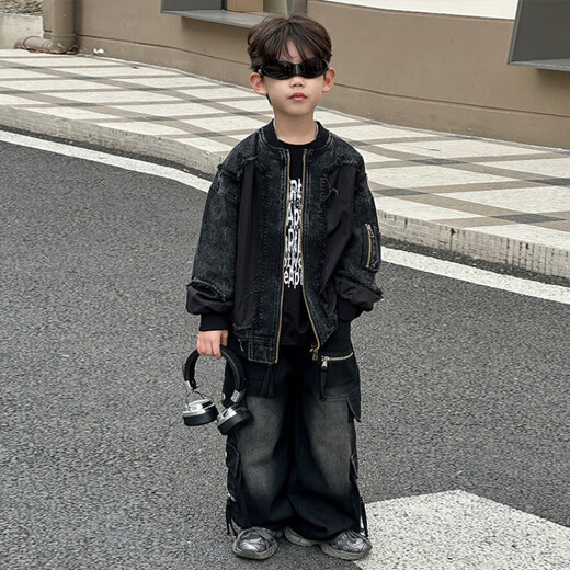 G.DUCKKIDS男童春秋款工装外套2025新款儿童痞帅运动连帽衫男孩时髦春季穿搭 HY2575款牛仔毛边拼接外套黑色 120 尺码5~6岁 【110-120cm】