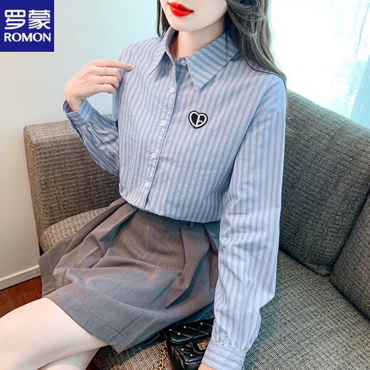 ROMON camisa de manga larga reductora de edad de moda para mujer otoño 2024 nueva camisa profesional bordada a rayas color de imagen superior versátil XL (recomendado 110-120 Jin Jin equivale a 0,5 kg)