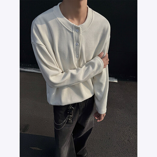 Nyingcleanfit Henry Neck Langarmed T-Shirt Herren 25 Frühlings- und Herbst-neue Textur Loose Inner Sweatshirt Basishemd aus weißem XL (120-140jin [Jin ist gleich 0,5 kg])