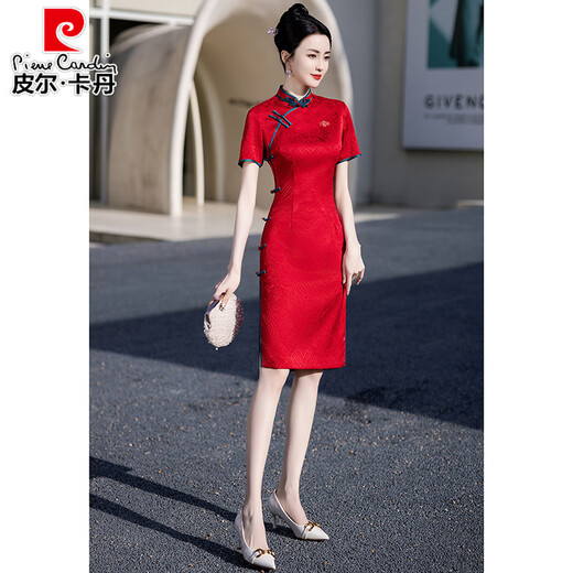 皮尔卡丹红色旗开得胜旗袍夏季新款2025高考送考年轻款妈妈日常可穿连衣裙 679绿色大花扣 S