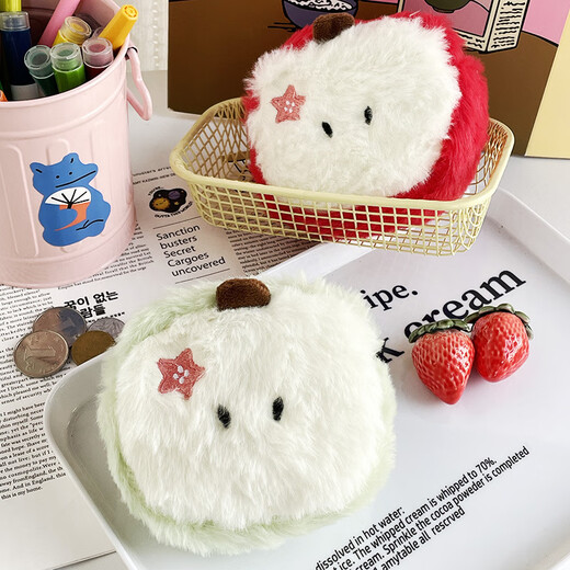 Reinajoy lindo dibujos animados verdes manzana plush billetera de monedas misceláneas paquete de almacenamiento keys paquete rojo auriculares bordados creativos paquete pequeño