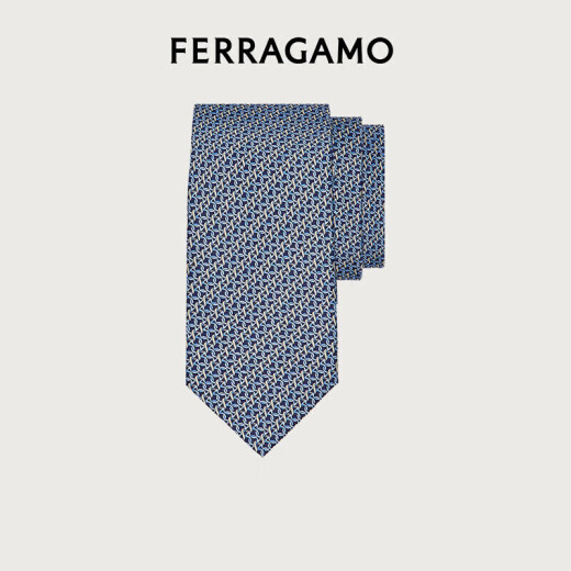 菲拉格慕（Ferragamo）男士蓝色Gancini印花桑蚕丝领带 0757579
