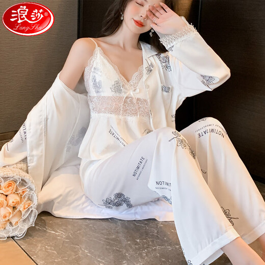 浪莎（LangSha）冰丝睡衣三件套女春秋薄款长袖吊带长裤蕾丝花边性感家居服带胸垫 12041短.袖+吊带+短裤 M 建议80-100斤】