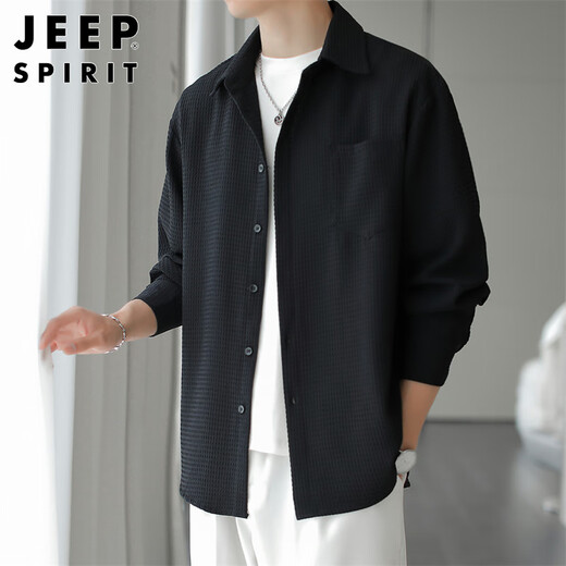 JEEP SPIRIT Jeep long-sleeved shirt men's spring trendy shirt men's waffle top jacket men's black XL