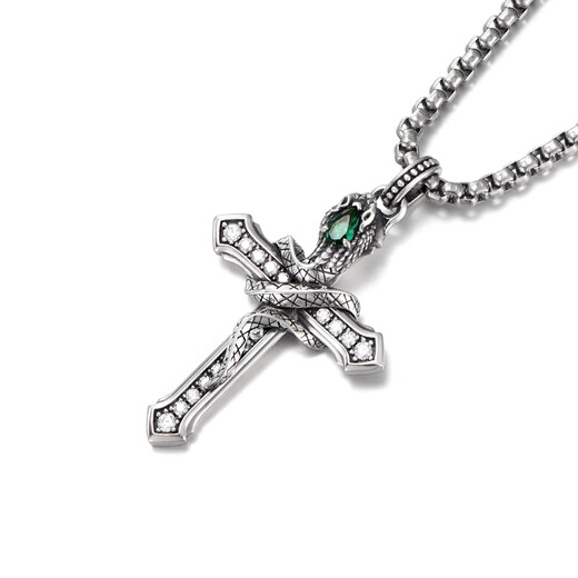 IDEAGEMER Teng She series 925 silver cross necklace men's high-end original niche snake year animal year pendant 925 silver Teng snake cross pendant-steel chain-55CM