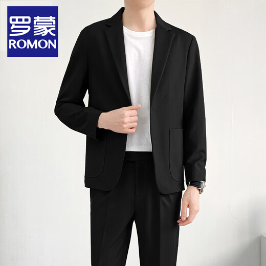 ROMON suit suit for men, light and sophisticated style, trendy, high-end, slim, versatile, casual suit, Korean version, handsome suit jacket for men, 669 black, two-piece suit + pants XL