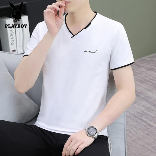 花花公子（PLAYBOY）夏季新款纯棉男士短袖t恤v领薄款潮流修身半截袖休闲鸡心领打底衫 黑色 QY694 XL 【建议130-140斤】