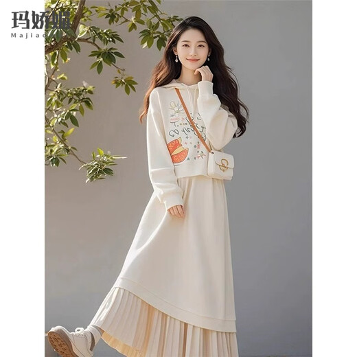 Majiaomei sweatshirt dress women's suit 2025 spring and autumn new college style Korean style versatile casual sweatshirt skirt off-white top + skirt M