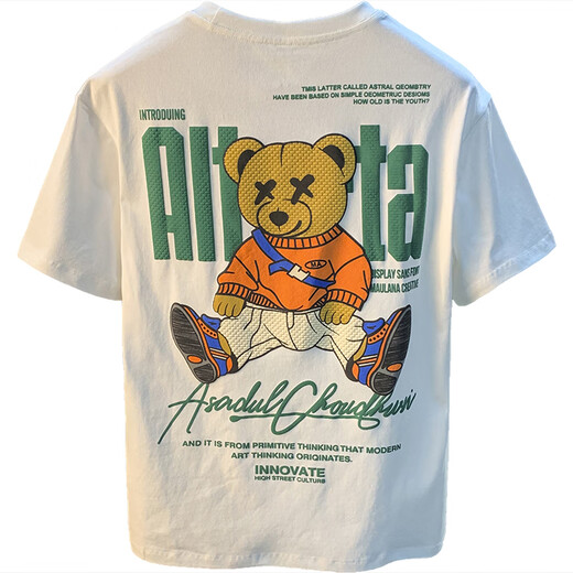 Qianji (QIANJI) 2025 new summer short-sleeved T-shirt for men's trendy brand loose internet celebrity bear same printed casual half-sleeved T-shirt for men white [JSW9922] M suitable for 90-108Jin [Jin equals 0.5 kg] wear