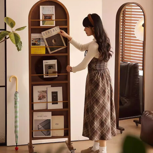 Mittel alter massives Holz Ganzkörperspiegel beweglicher bodenstehender französischer Retro Storage Magazine Bücherregal integrierter rotierender Dressing Spiegel mittelalterlicher Farbe [importiertes Festholz]