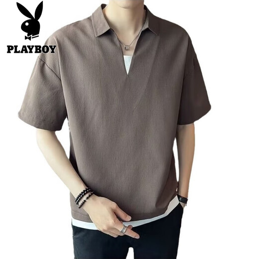 花花公子（PLAYBOY）假两件V领T恤男潮牌短袖POLO保罗衫冰丝半袖2025新款夏季男装体恤 682短袖棕色 XL